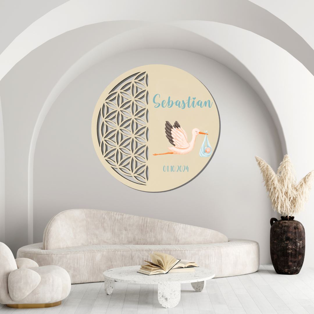 Wandbild zur Geburt mit Storch – Personalisiertes Geschenk zur Geburt
