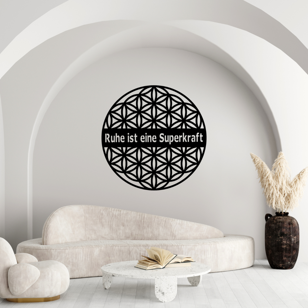 Blume des Lebens aus Metall – Wandbild mit inspirierendem Spruch – Laserfactory Austria