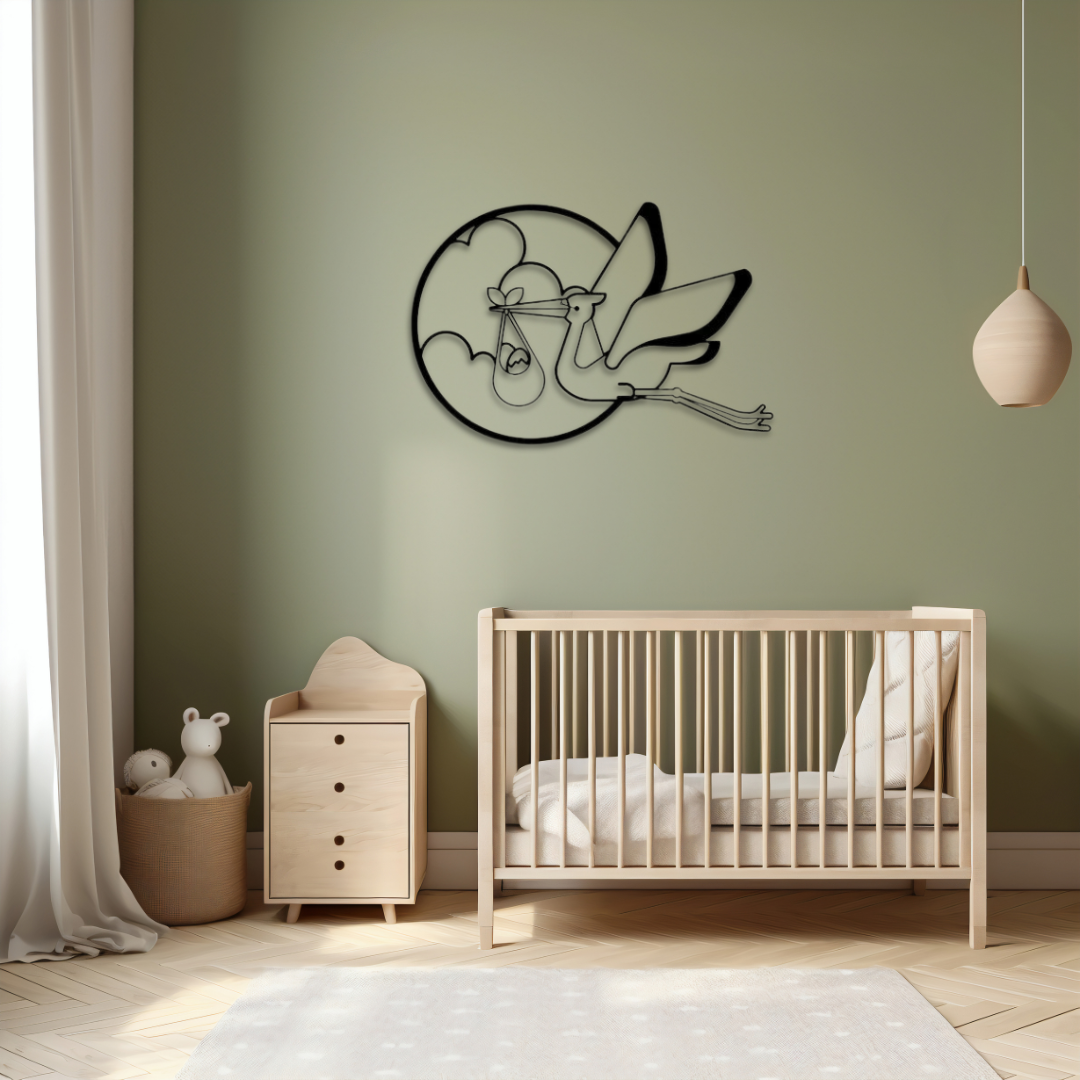 Wandbild "Storch Baby is Coming" – Nachswuchs Wanddeko aus Metall