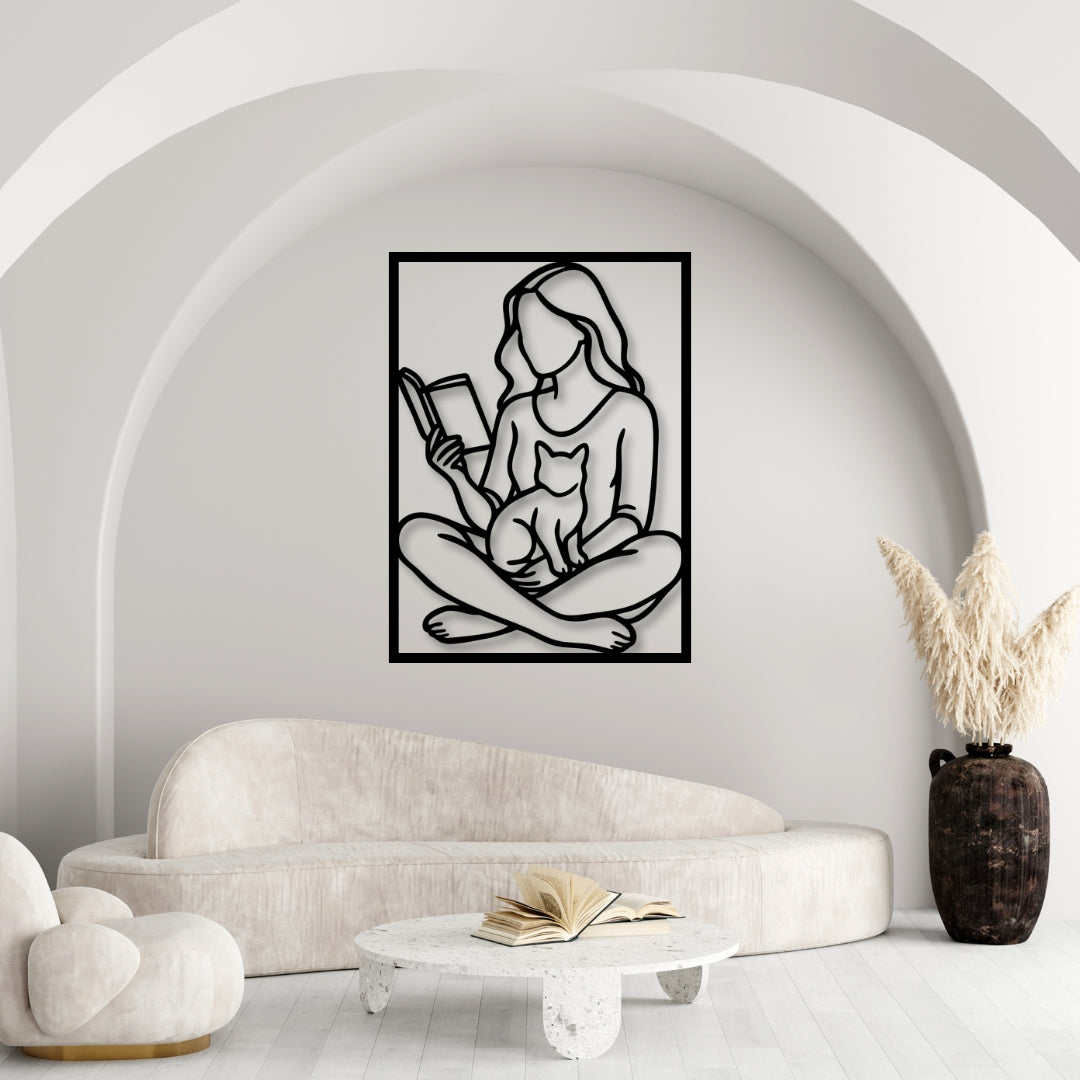Line Art Wandbild – Frau/Buch/Katze