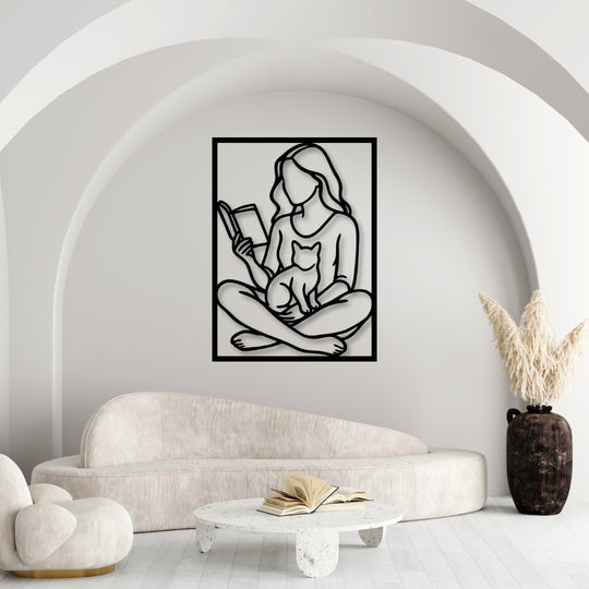 Line Art Wandbild – Frau/Buch/Katze