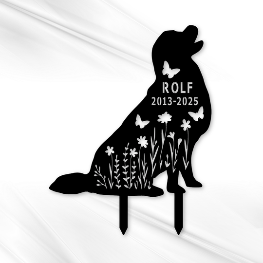 Personalisierte Hunde-Gedenktafel aus Metall – Silhouette mit Blumen &amp; Name