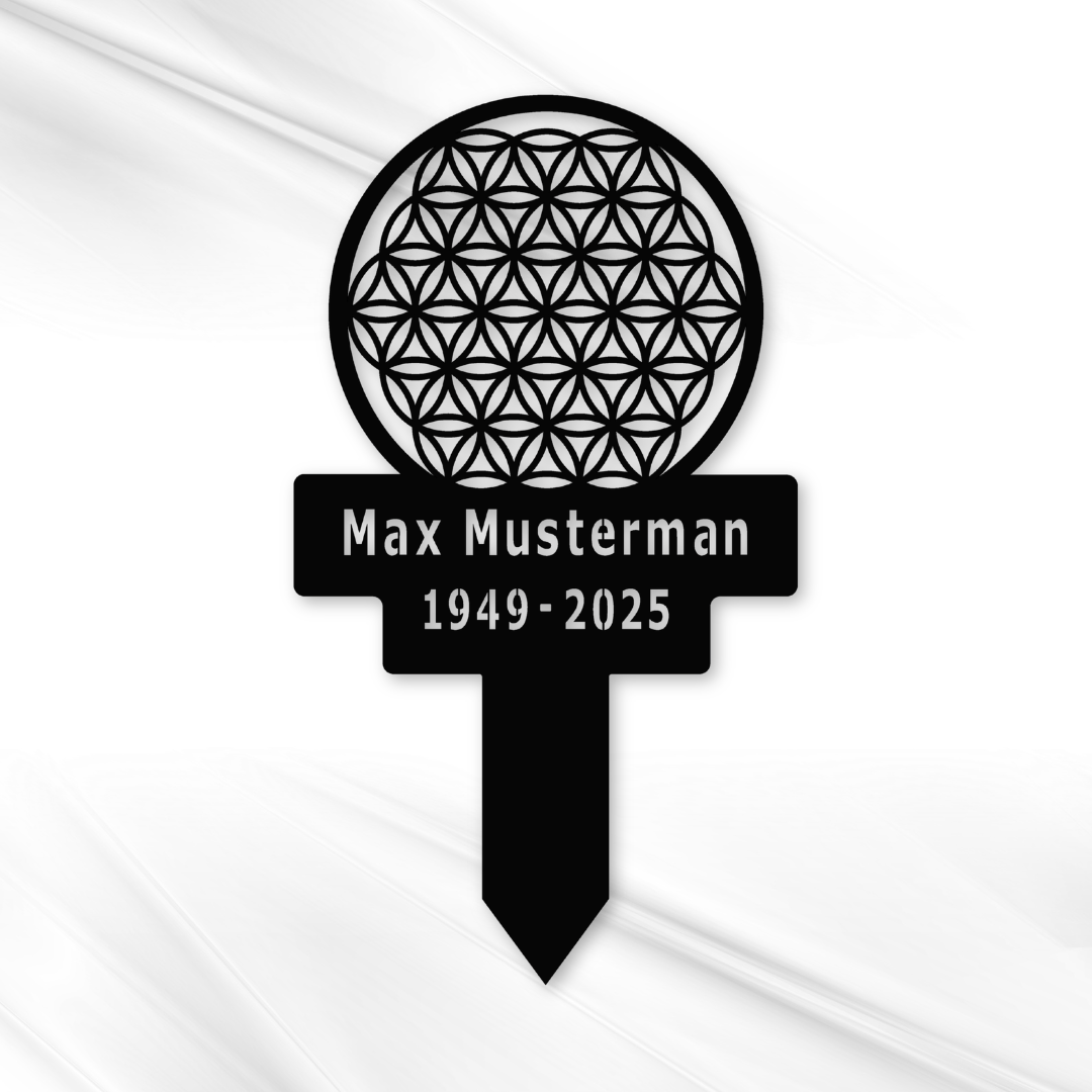 Personalisierter Grabstecker aus Metall – Blume des Lebens mit Name & Datum