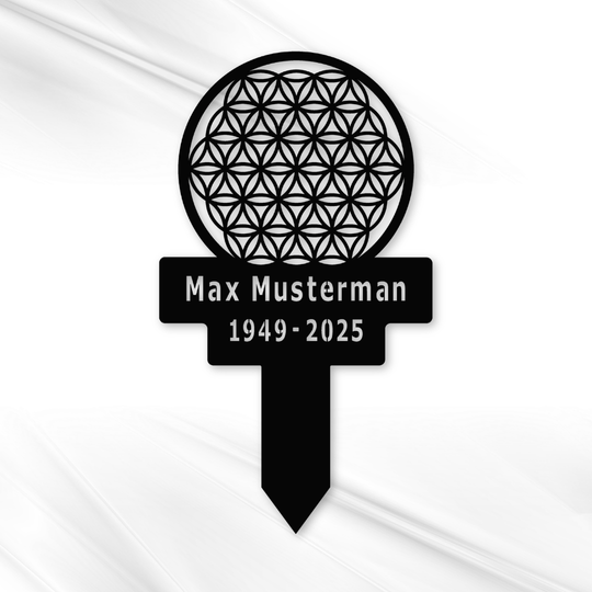 Personalisierter Grabstecker aus Metall – Blume des Lebens mit Name &amp; Datum
