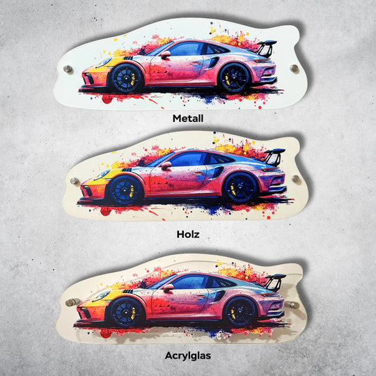 Sportliches Auto Wandbild in Farbe – Design Silhouette aus Acryl, Holz oder Metall