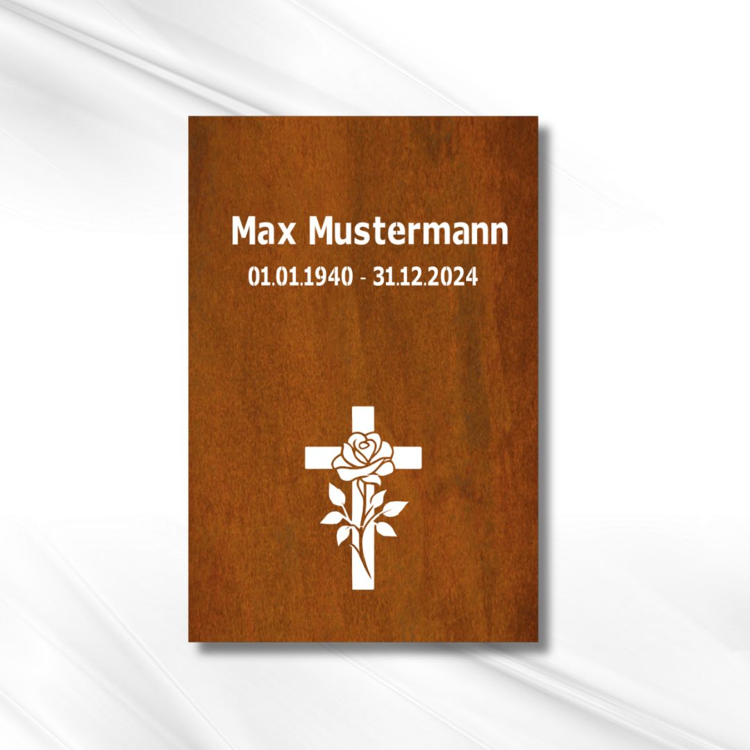Gedenktafel mit Kreuz &amp; Rose – personalisierbar aus Metall